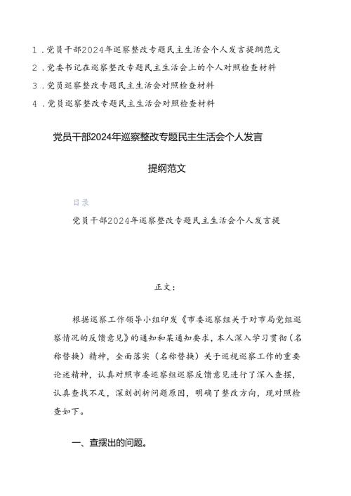 四篇：党员干部2024年巡察整改专题民主生活会个人发言提纲范文.docx