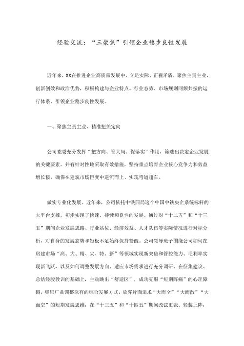 经验交流：“三聚焦”引领企业稳步良性发展(1).docx