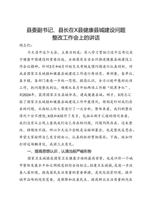 县委副书记、县长在县健康县城建设问题整改工作会上的讲话(1).docx