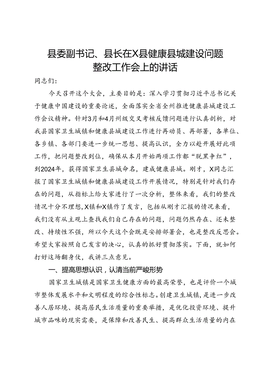 县委副书记、县长在县健康县城建设问题整改工作会上的讲话(1).docx_第1页