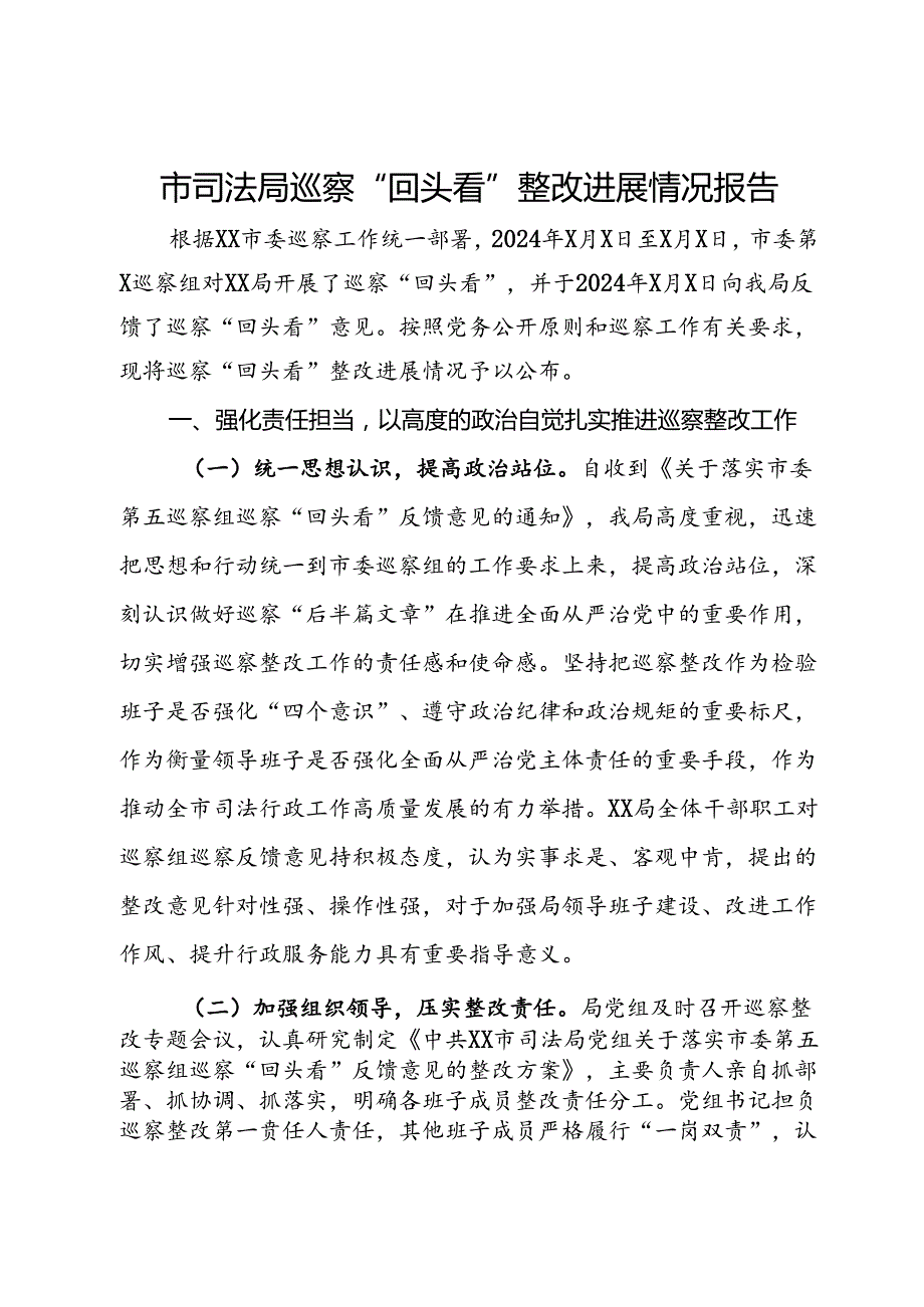 市司法局巡察“回头看”整改进展情况报告(1).docx_第1页