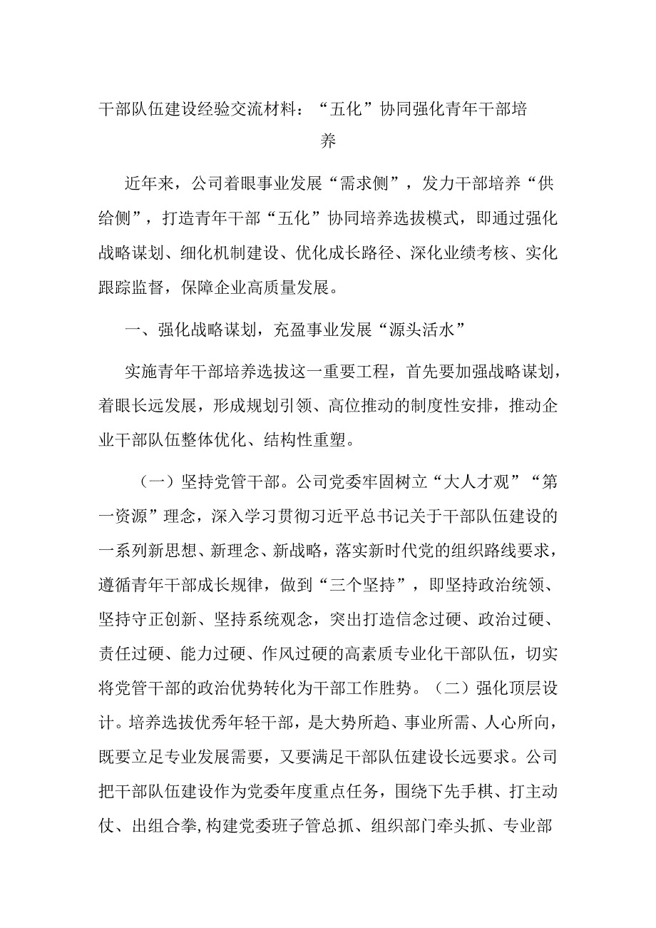 干部队伍建设经验交流材料：“五化”协同强化青年干部培.docx_第1页