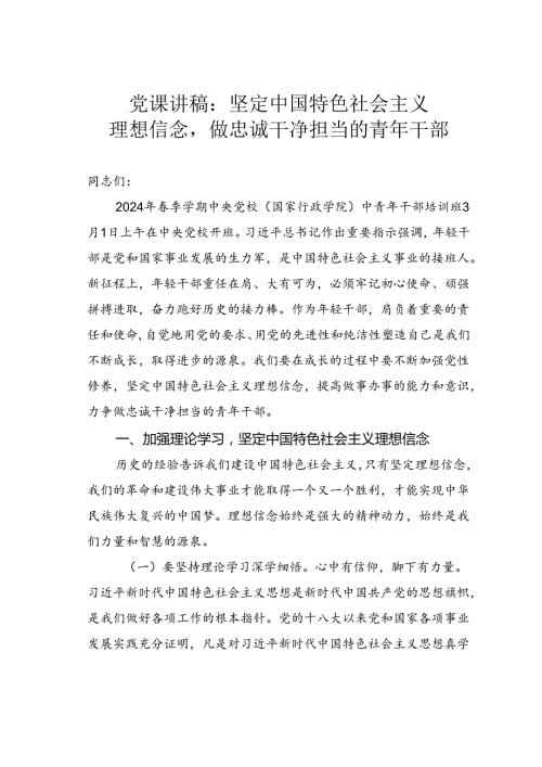 党课讲稿：坚定中国特色社会主义理想信念做忠诚干净担当的青年干部.docx