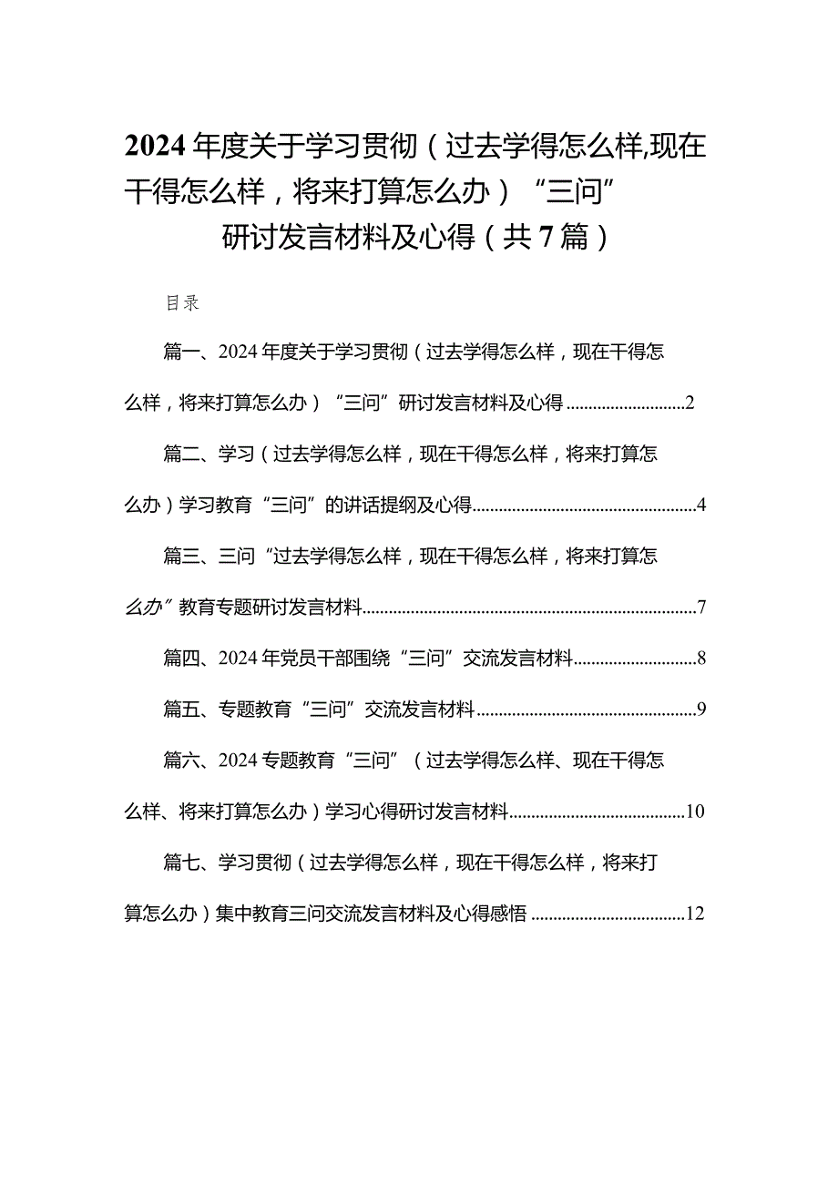 2024关于学习贯彻（过去学得怎么样现在干得怎么样将来打算怎么办）“三问”研讨发言材料及心得（共7篇）.docx_第1页