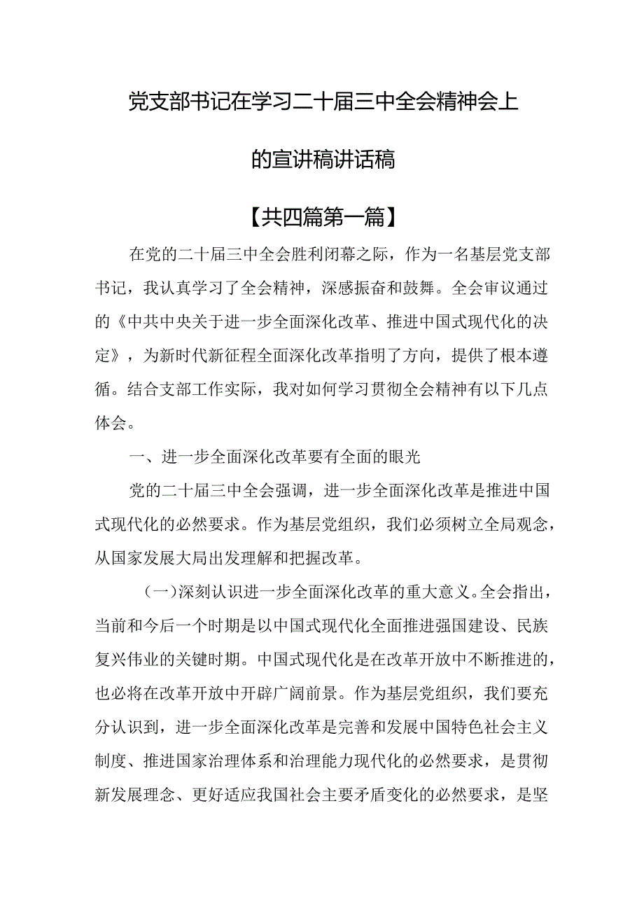 （4篇）党支部书记在学习二十三中全会精神会上的宣讲稿讲话稿.docx_第1页