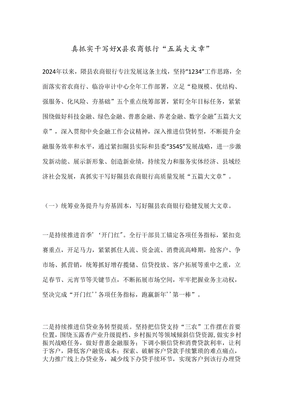 真抓实干写好X县农商银行“五篇大文章”.docx_第1页
