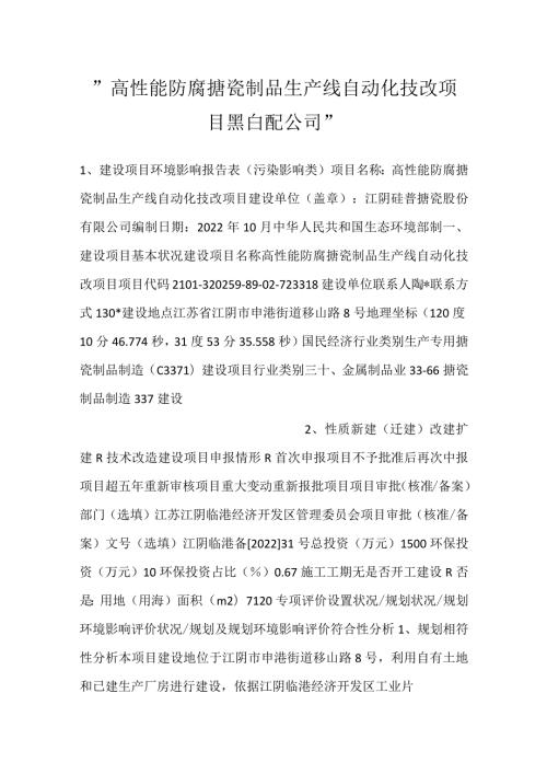 高性能防腐搪瓷制品生产线自动化技改项目 黑白配公司.docx