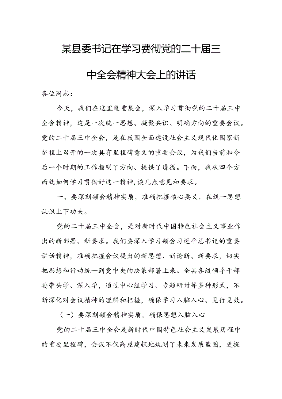 某县委书记在学习贯彻党的二十三中全会精神大会上的讲话 (3).docx_第1页