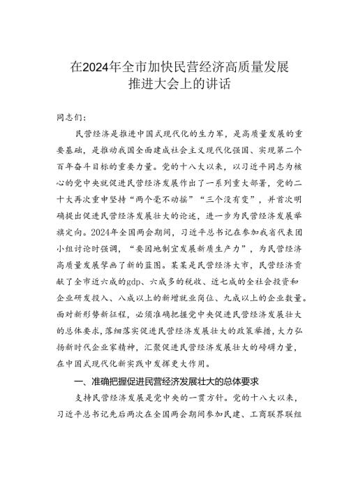在2024年全市加快民营经济高质量发展推进大会上的讲话(1).docx