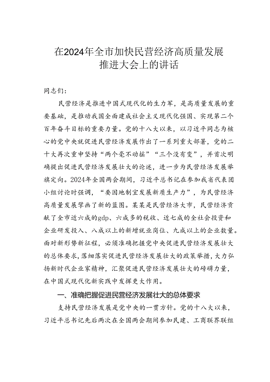 在2024年全市加快民营经济高质量发展推进大会上的讲话(1).docx_第1页