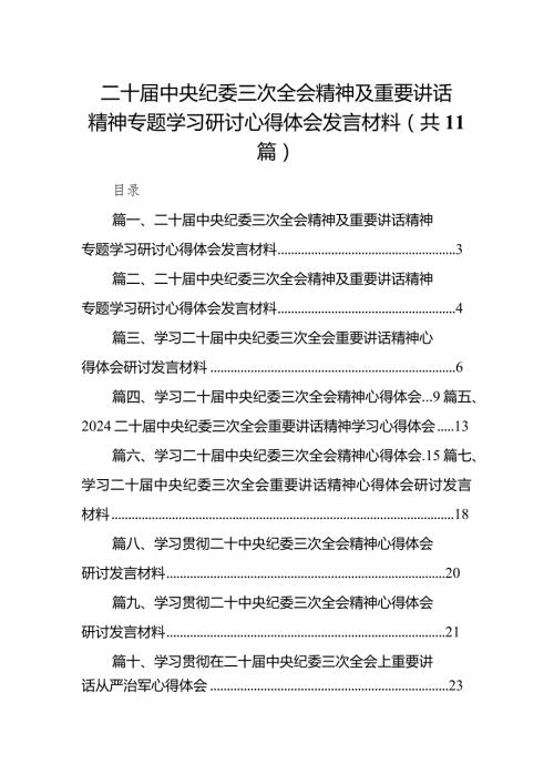 2024二十中央纪委三次全会精神及重要讲话精神专题学习研讨心得体会发言材料（共11篇）.docx
