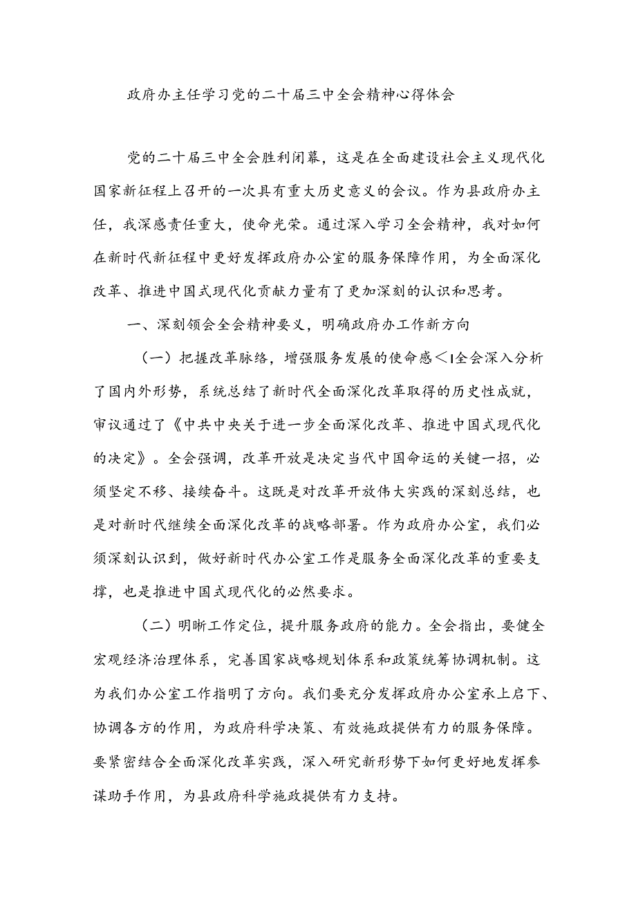 政府办主任学习党的二十三中全会精神心得体会研讨交流发言.docx_第1页