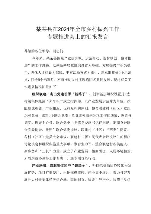 某某县在2024年全市乡村振兴工作专题推进会上的汇报发言.docx