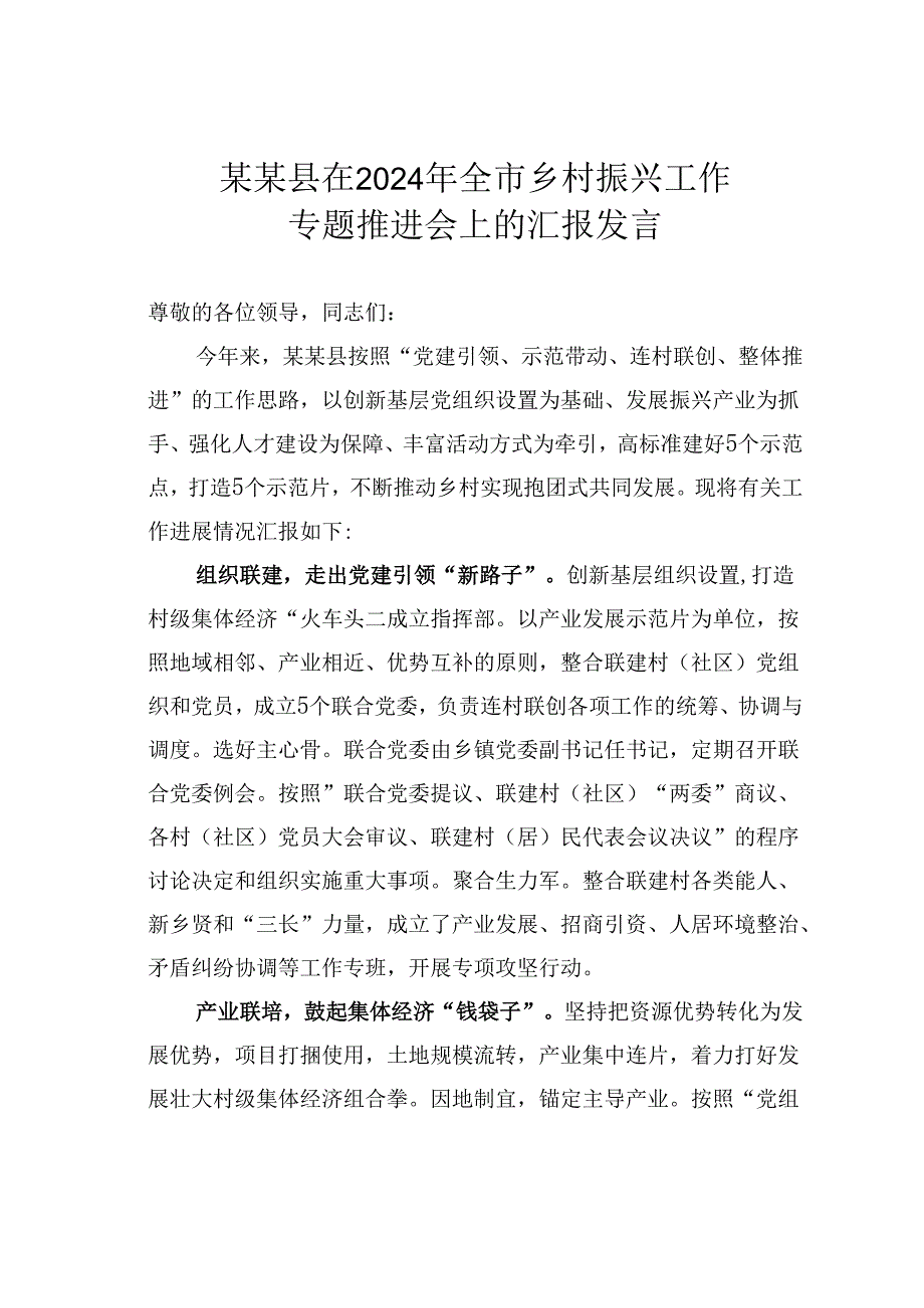 某某县在2024年全市乡村振兴工作专题推进会上的汇报发言.docx_第1页