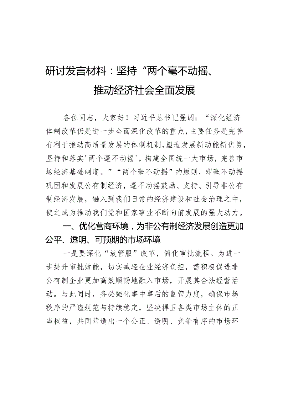 研讨发言材料坚持两个毫不动摇推动经济社会全面发展心得体会.docx_第1页