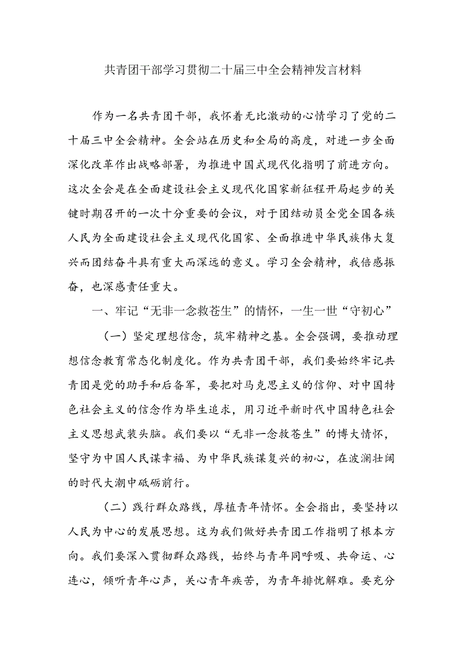 共青团员干部学习贯彻二十三中全会精神研讨交流发言材料.docx_第1页