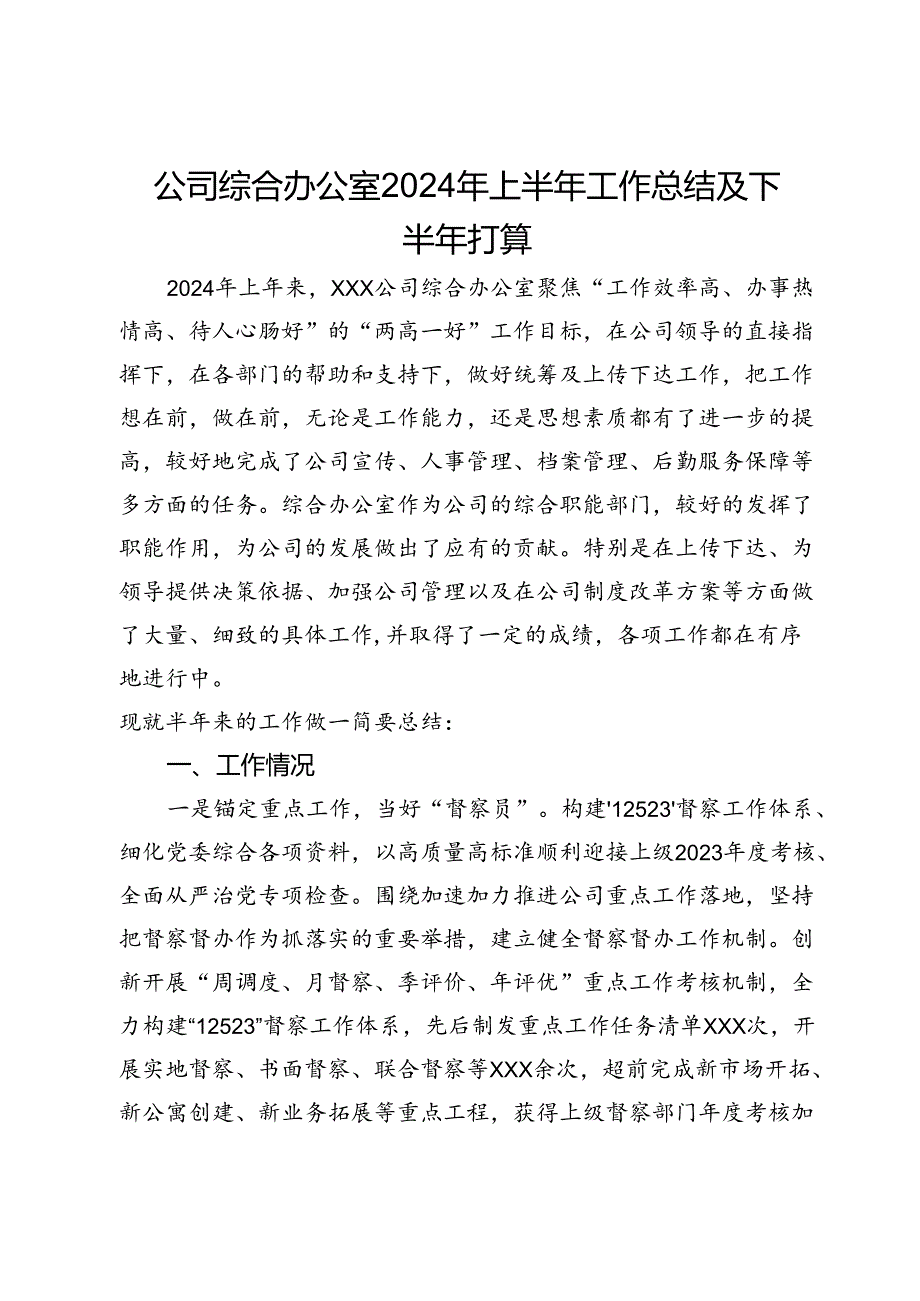 公司综合办公室2024年上半年工作总结及下半年打算.docx_第1页