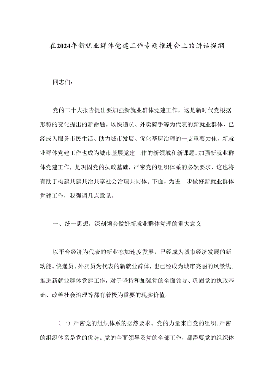 在2024年新就业群体党建工作专题推进会上的讲话提纲.docx_第1页
