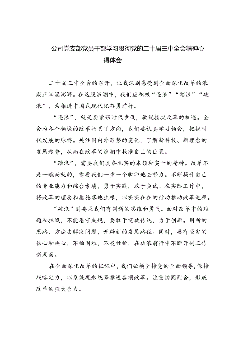 公司党支部党员干部学习贯彻党的二十三中全会精神心得体会8篇供参考.docx_第1页