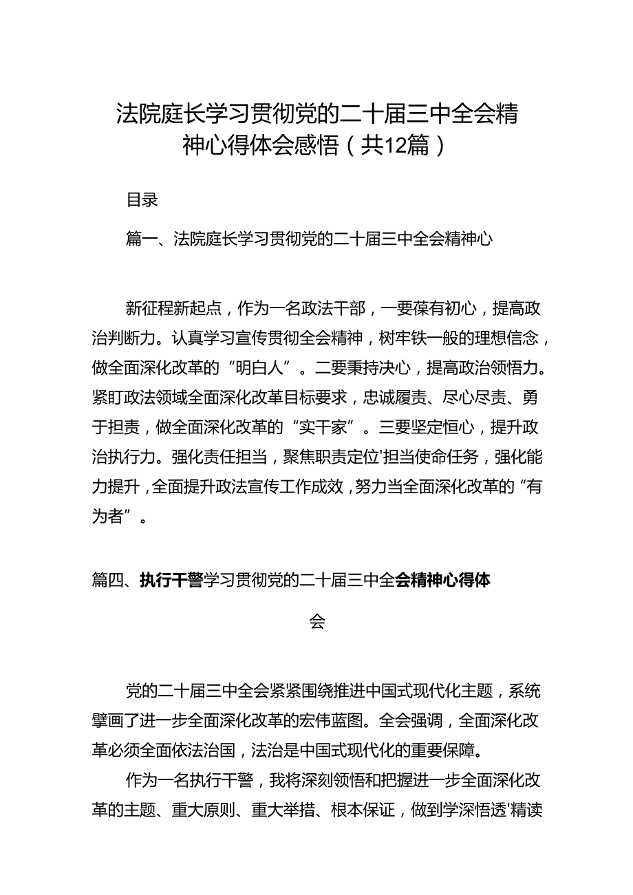 法院庭长学习贯彻党的二十三中全会精神心得体会感悟（共12篇）.docx_第1页