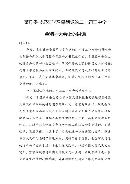 某县委书记在学习贯彻党的二十三中全会精神大会上的讲话 (2).docx