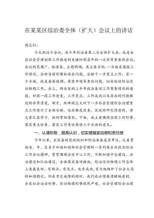 在某某区综治委全体（扩大）会议上的讲话.docx