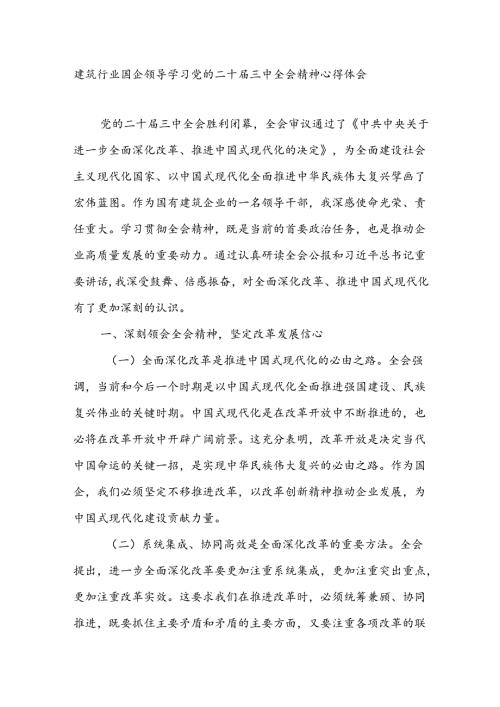 建筑行业国企公司领导干部学习党的二十三中全会精神研讨发言心得体会.docx