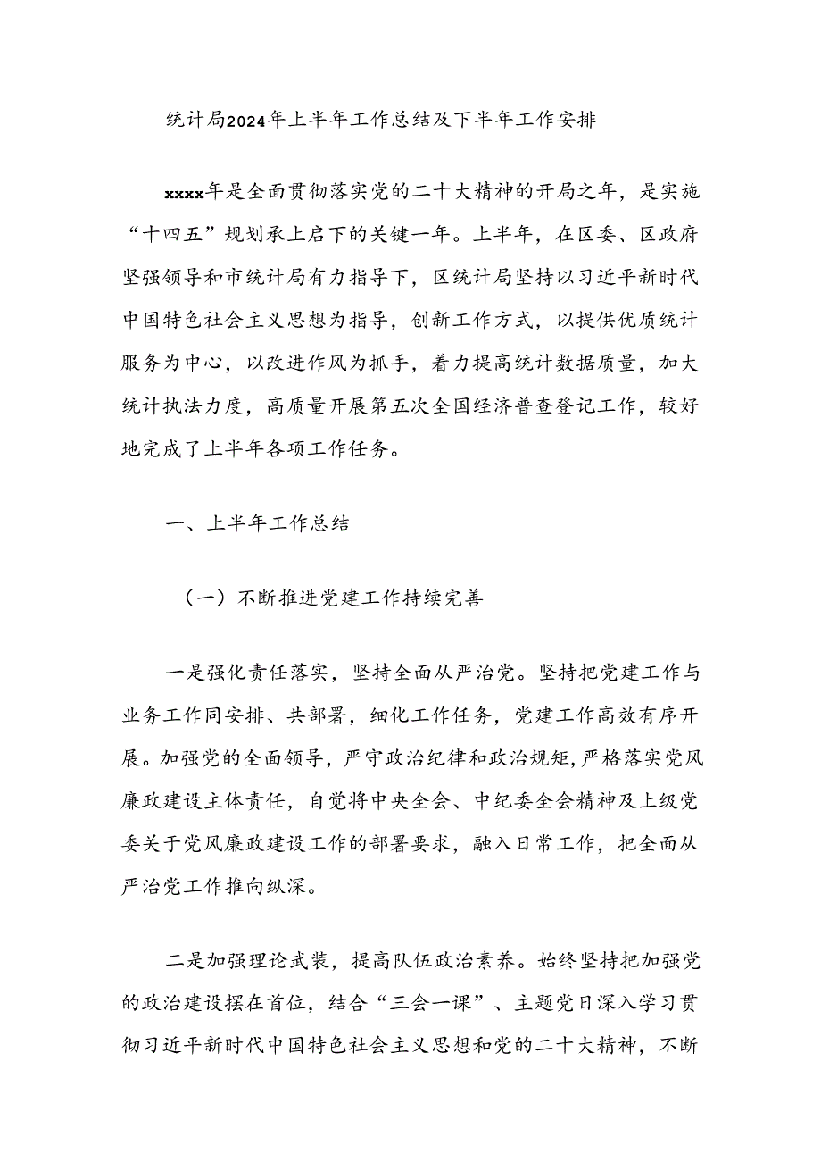 统计局2024年上半年工作总结及下半年工作安排.docx_第1页