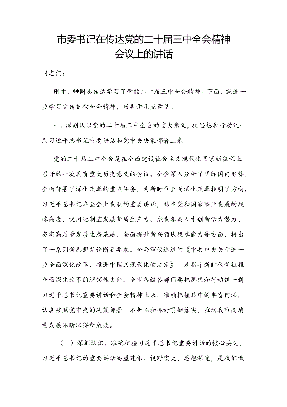 市委书记在传达学习贯彻党的二十三中全会精神会议上的讲话发言汇总.docx_第2页