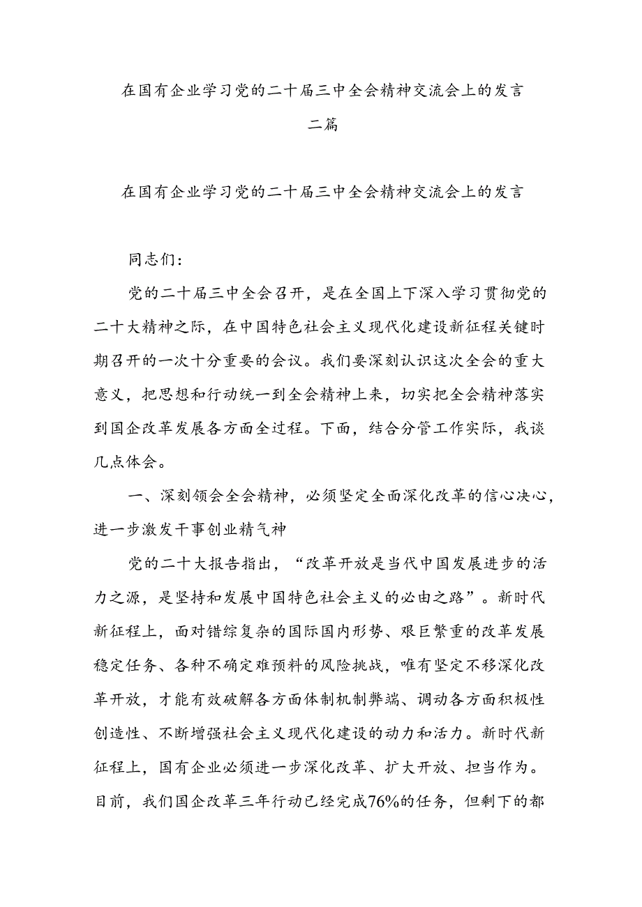 在国有企业学习党的二十三中全会精神交流会上的发言二篇.docx_第1页