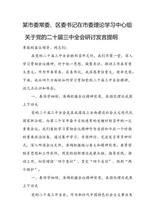 某市委常委、区委书记在市委理论学习中心组关于党的二十三中全会研讨发言提纲.docx