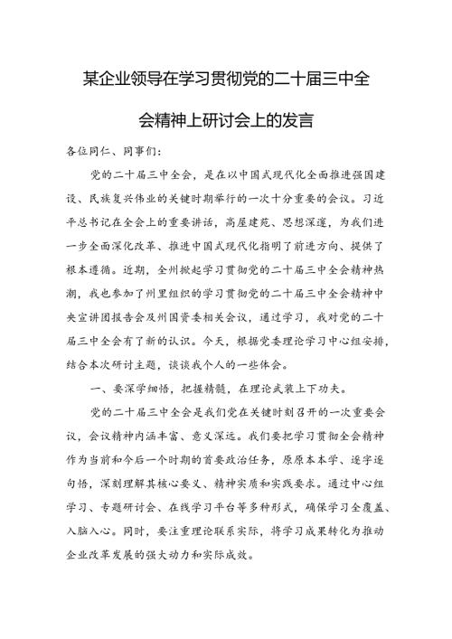 某企业领导在学习贯彻党的二十三中全会精神上研讨会上的发言 (2).docx