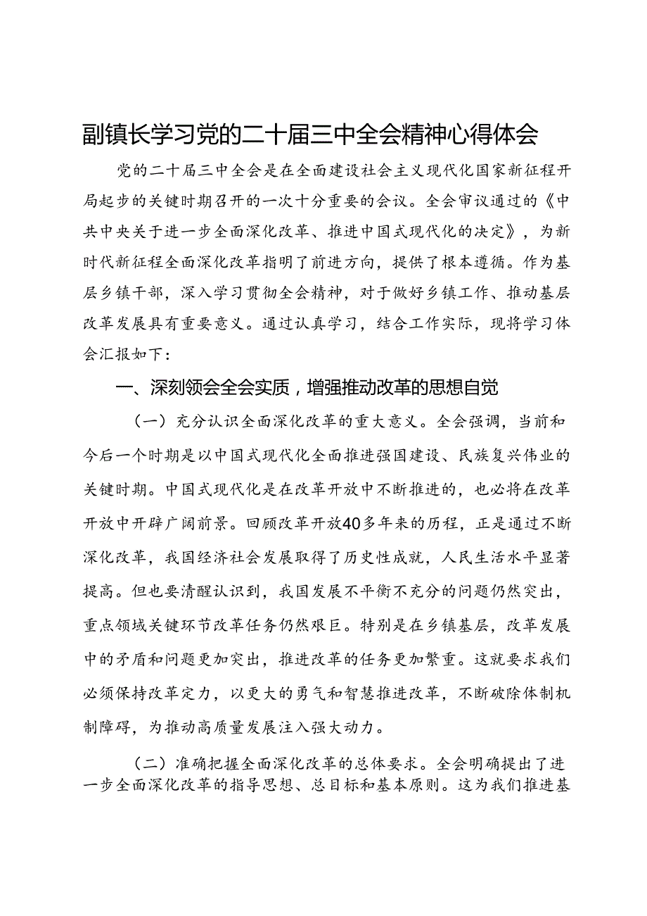 副镇长学习党的二十三中全会精神心得体会.docx_第1页