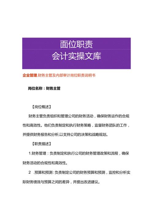企业管理财务主管及内部审计岗位职责说明书.docx