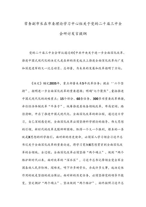常务副市长在市委理论学习中心组关于党的二十三中全会研讨发言提纲.docx