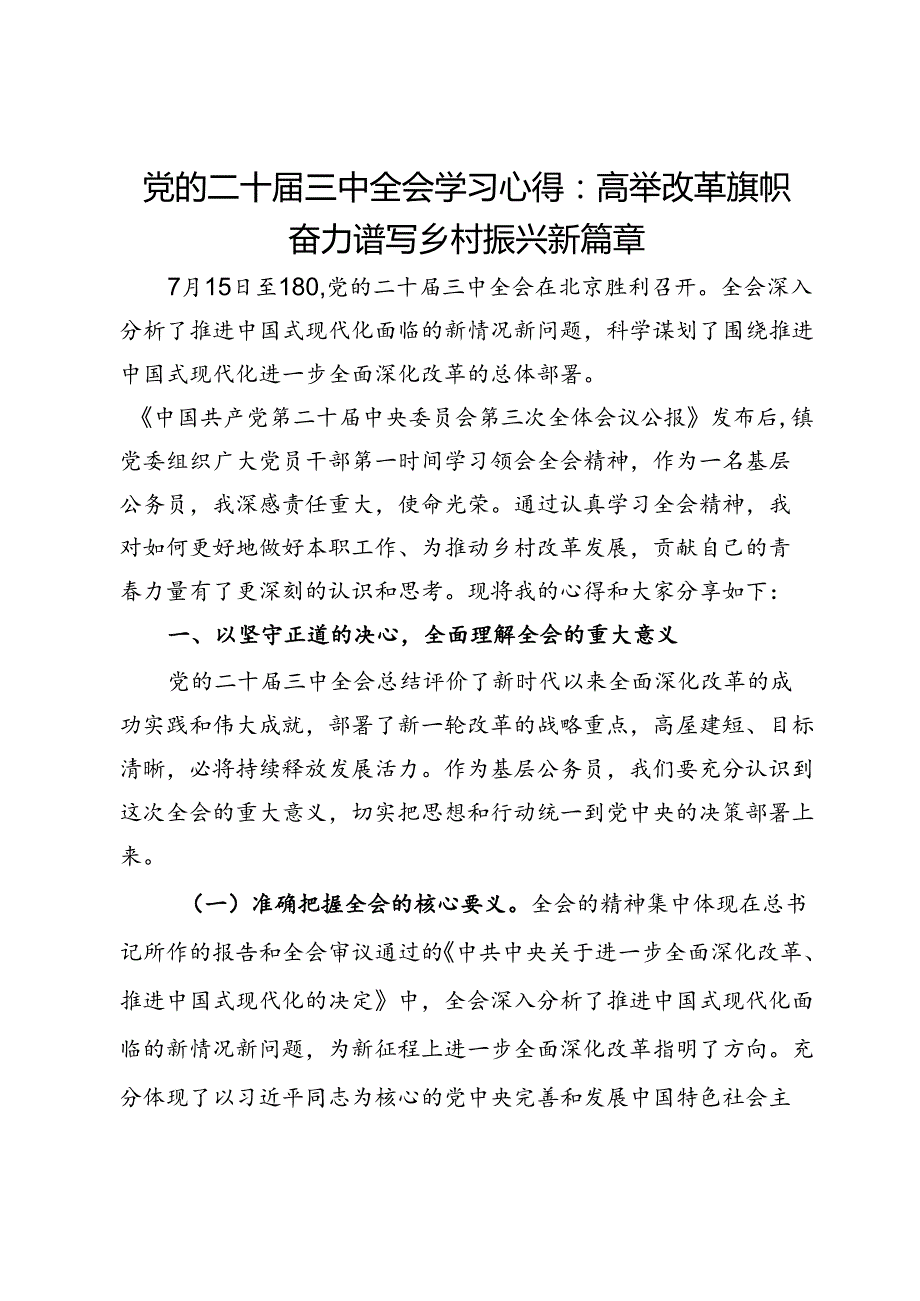 党的二十三中全会学习心得：高举改革旗帜奋力谱写乡村振兴新篇章.docx_第1页