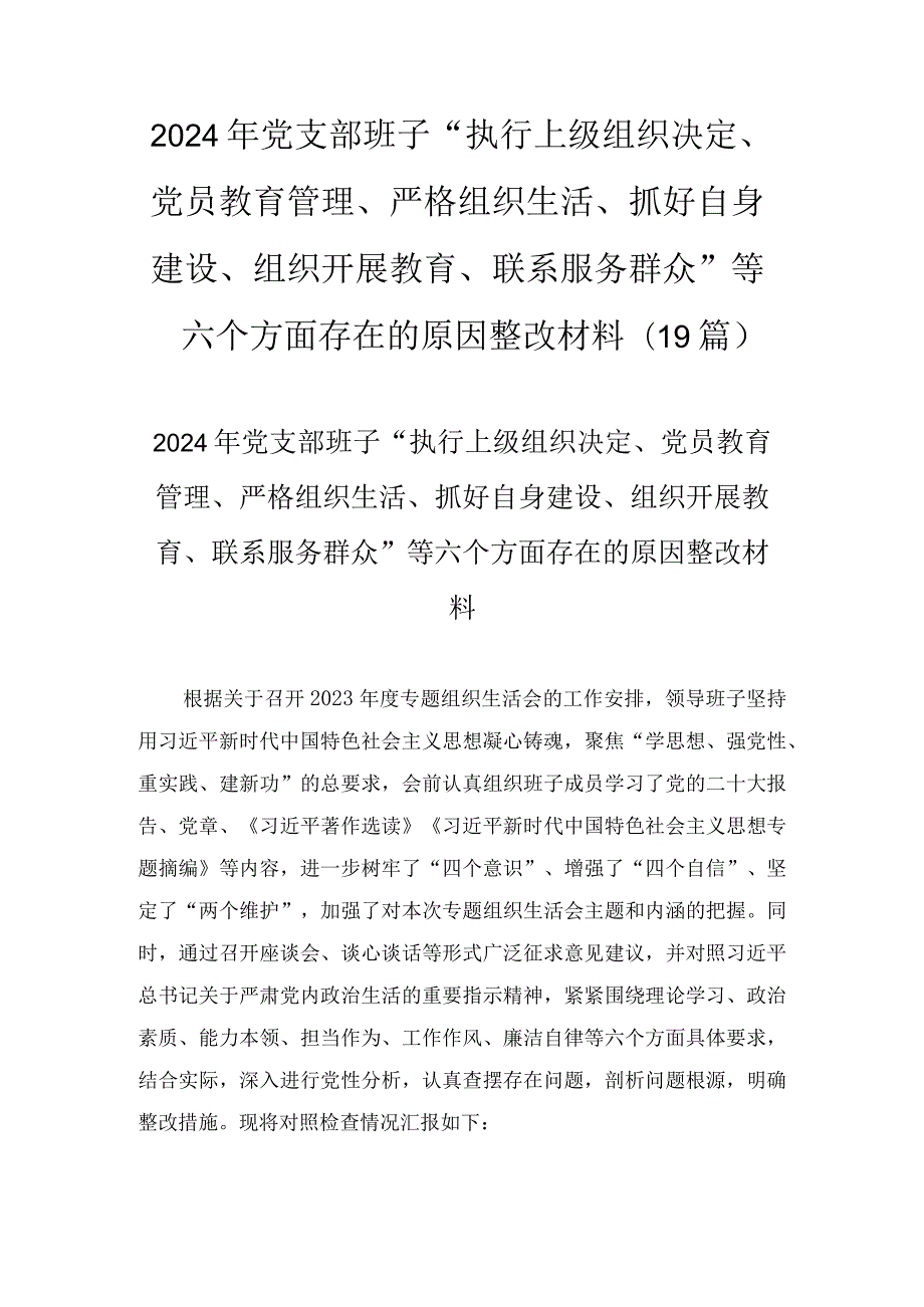 2024年党支部班子“执行上级组织决定、党员教育管理、严格组织生活、抓好自身建设、组织开展教育、联系服务群众”等六个方面存在的原因合集（19篇）.docx_第1页