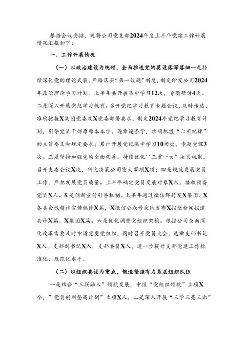 国企2024年上半年党建工作开展情况报告.docx