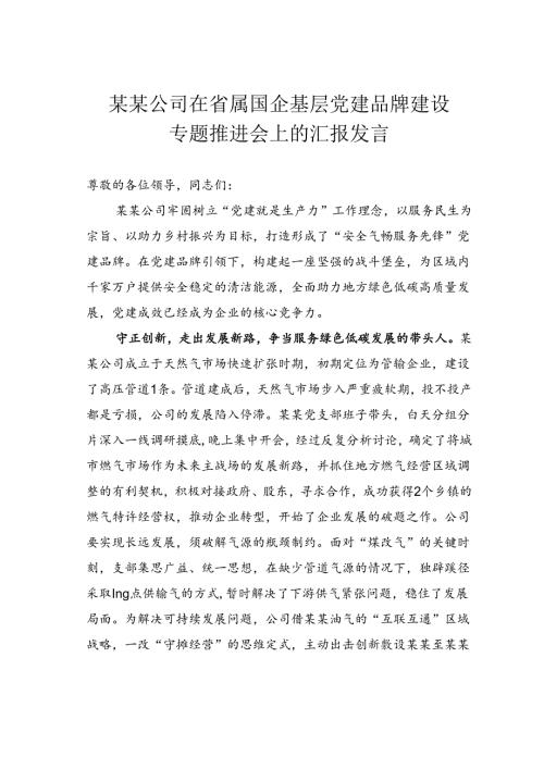 某某公司在省属国企基层党建品牌建设专题推进会上的汇报发言.docx
