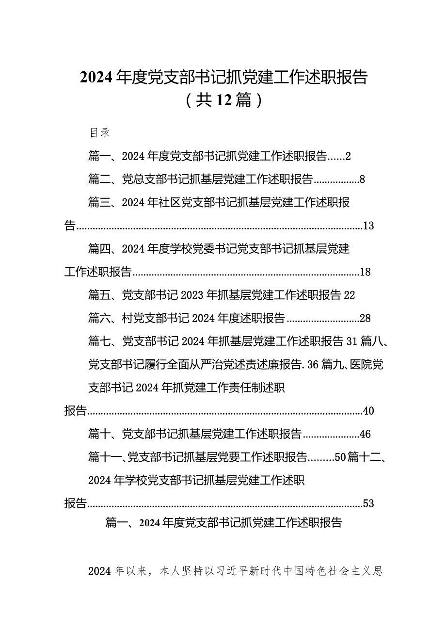 2024党支部书记抓党建工作述职报告(12篇合集).docx_第1页