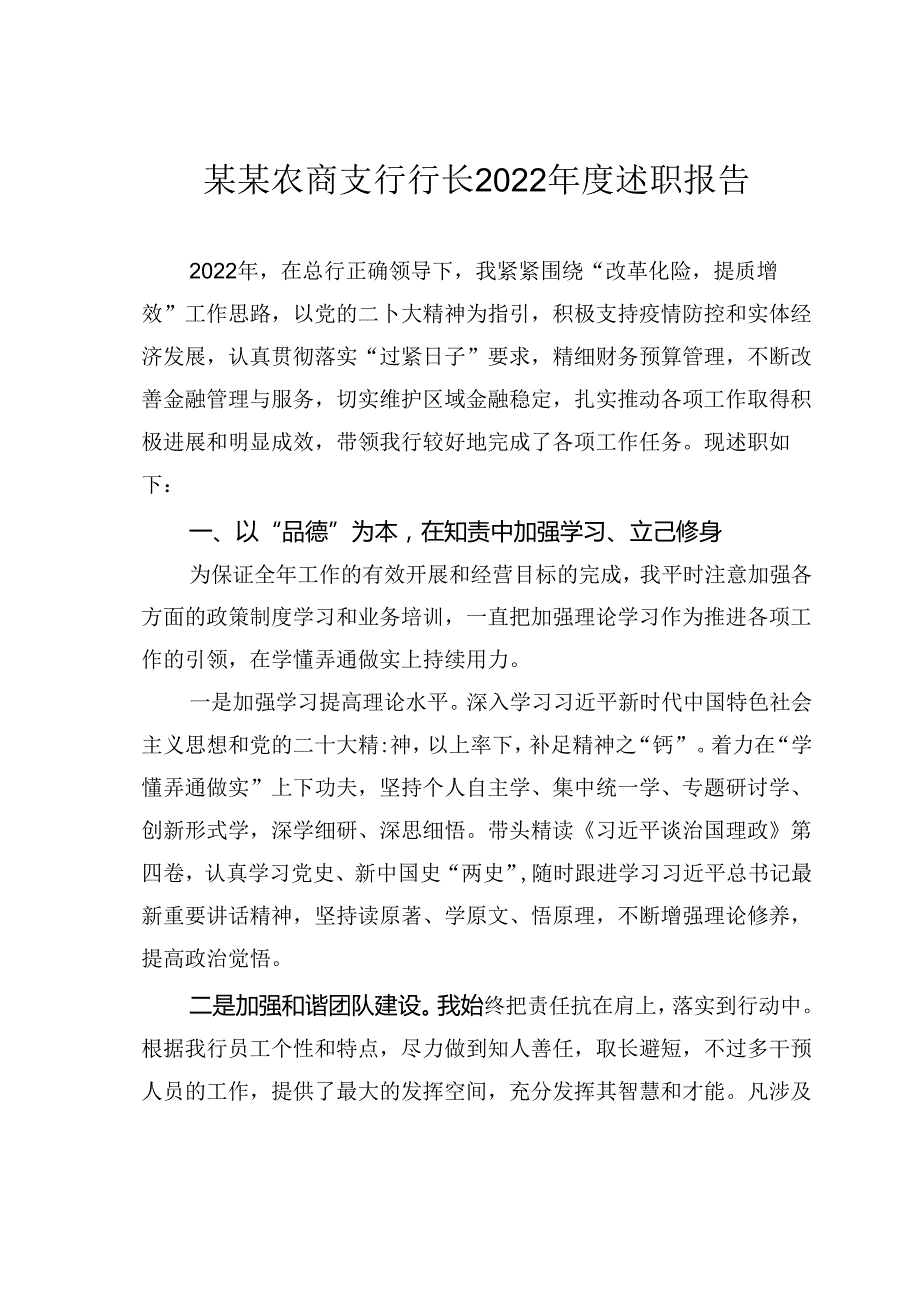 某某农商支行行长2022述职报告.docx_第1页