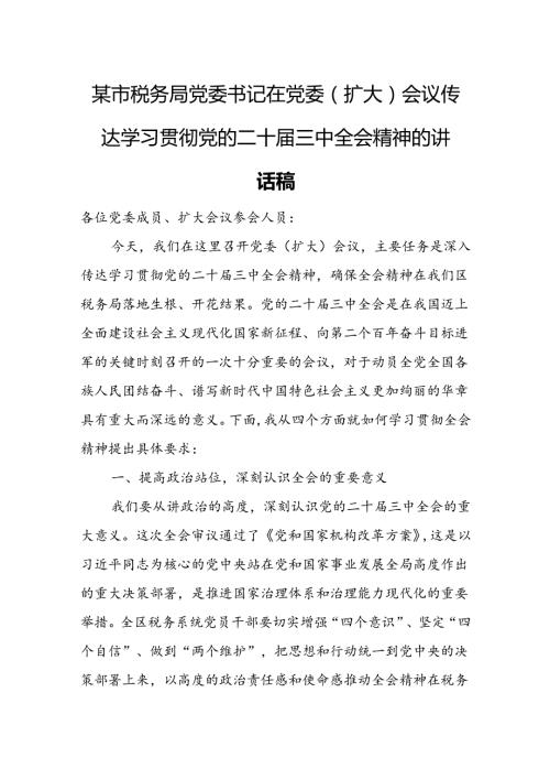 某市税务局党委书记在党委（扩大）会议传达学习贯彻党的二十三中全会精神的讲话稿.docx