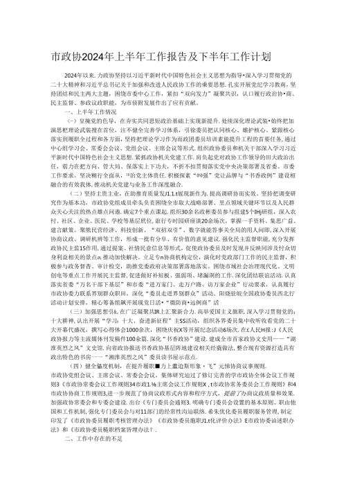 市政协2024年上半年工作报告及下半年工作计划(1).docx