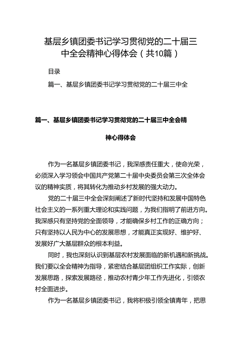 基层乡镇团委书记学习贯彻党的二十三中全会精神心得体会（共10篇）.docx_第1页