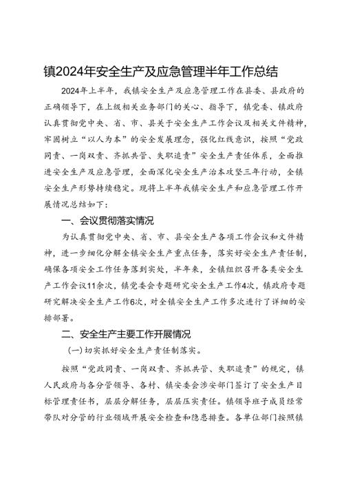 镇2024年安全生产及应急管理半年工作总结.docx