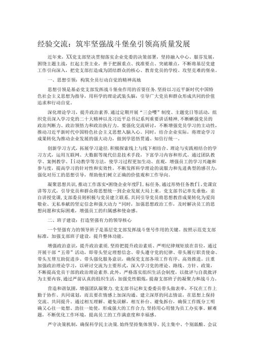 经验交流：筑牢坚强战斗堡垒 引领高质量发展 (2).docx