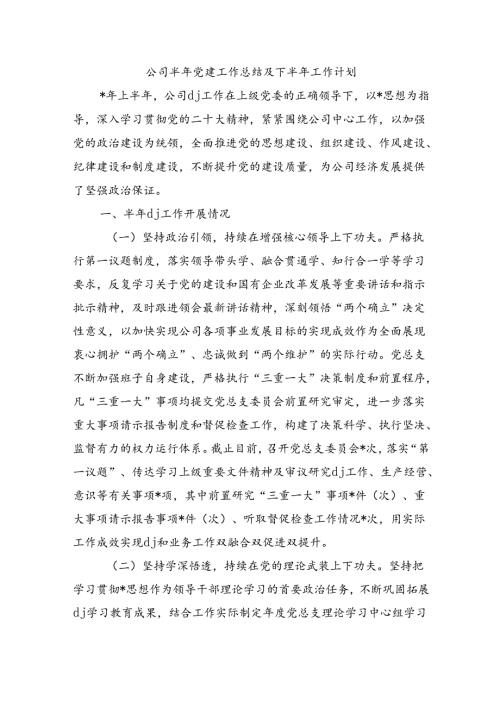 公司半年党建工作总结及下半年工作计划.docx