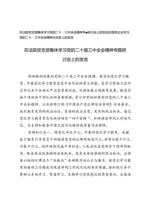 在国有企业学习党的二十三中全会精神交流会上的发言+在法院党支部集体学习党的二十三中全会精神专题研讨会上的发言.docx