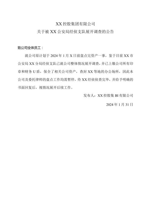 XX控股集团有限公司关于被XX公安局经侦支队展开调查的公告（2024年）.docx