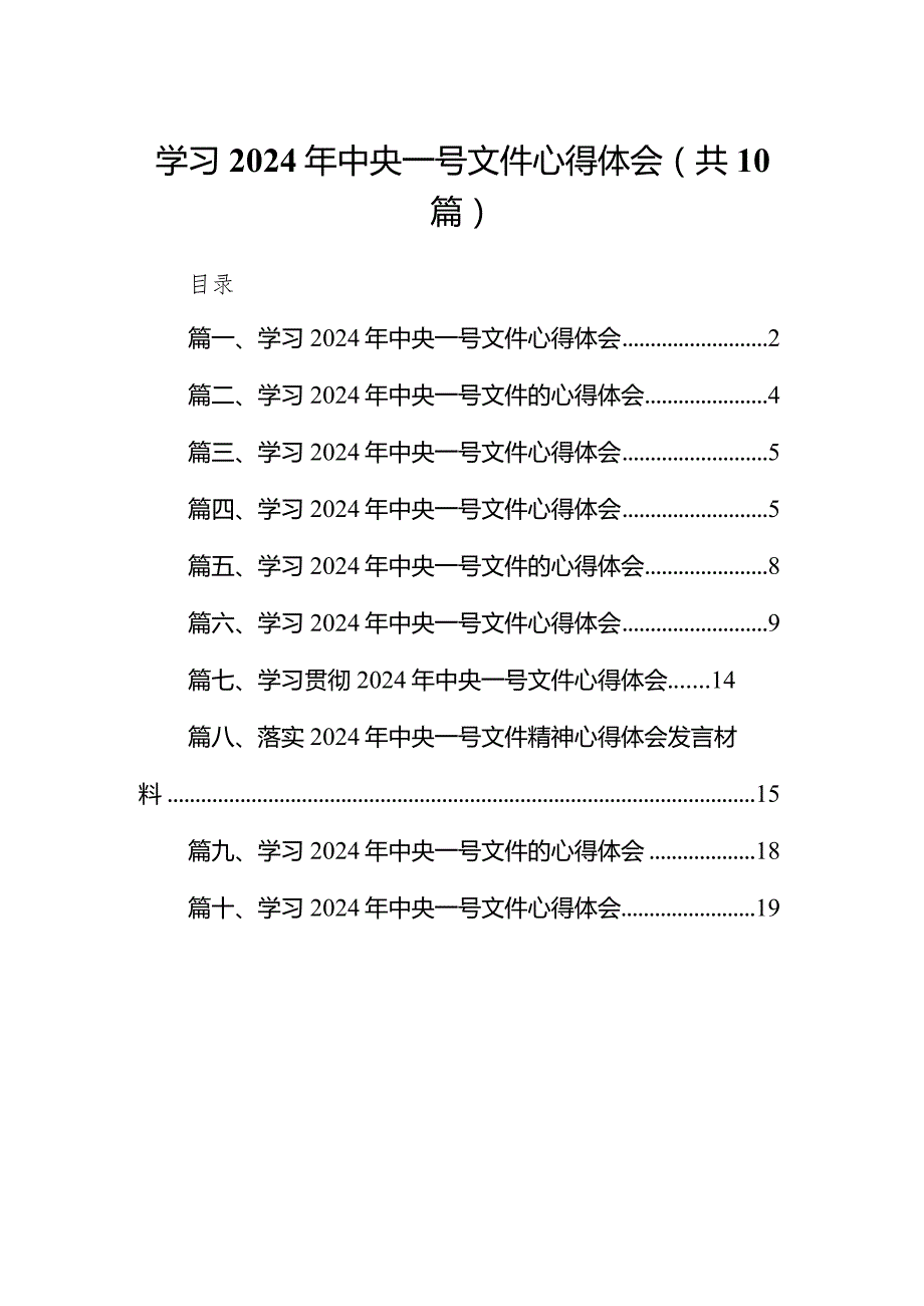 学习2024年中央一号文件心得体会10篇（完整版）.docx_第1页
